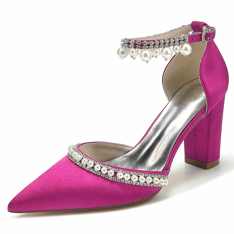 Women's High Block Heels Pumps Pointed Closed Toe Ankle Strap Dress Wedding Shoes