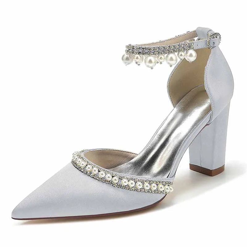 Women's High Block Heels Pumps Pointed Closed Toe Ankle Strap Dress Wedding Shoes