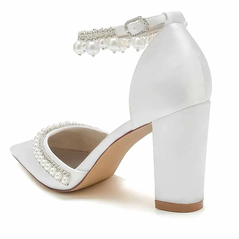 Women's High Block Heels Pumps Pointed Closed Toe Ankle Strap Dress Wedding Shoes