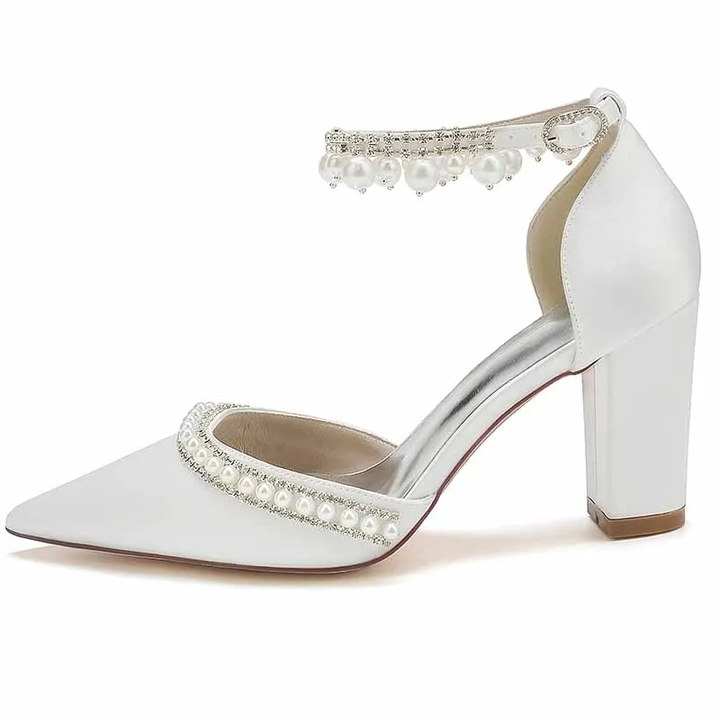 Women's High Block Heels Pumps Pointed Closed Toe Ankle Strap Dress Wedding Shoes