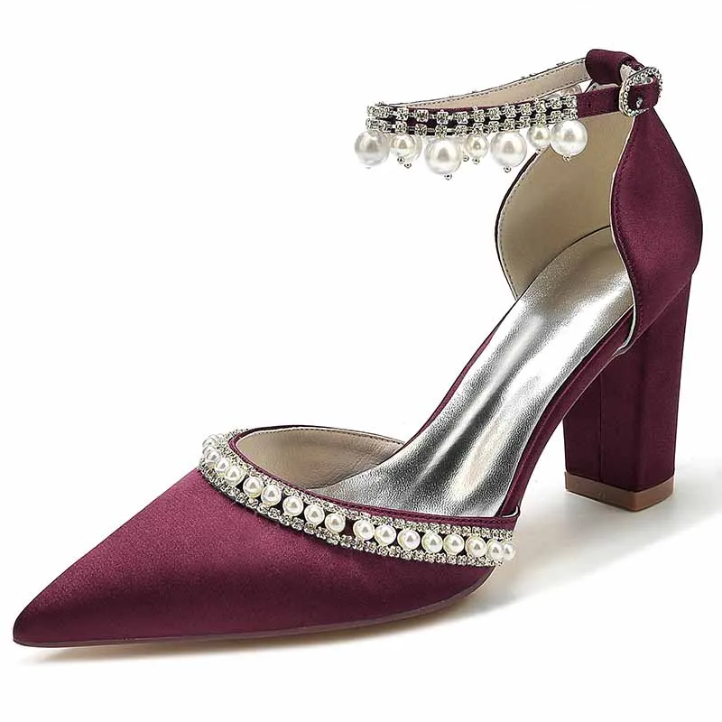 Women's High Block Heels Pumps Pointed Closed Toe Ankle Strap Dress Wedding Shoes