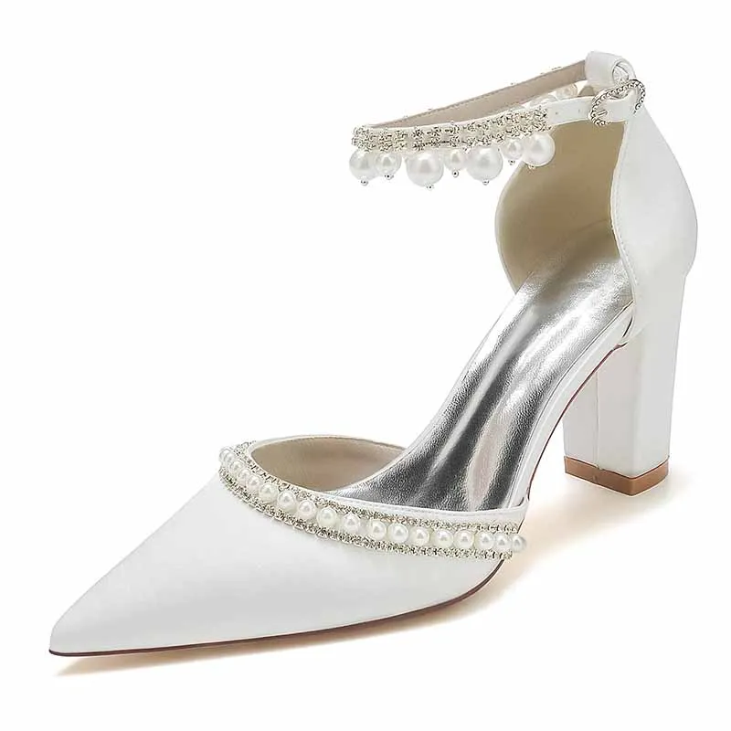 Women's High Block Heels Pumps Pointed Closed Toe Ankle Strap Dress Wedding Shoes