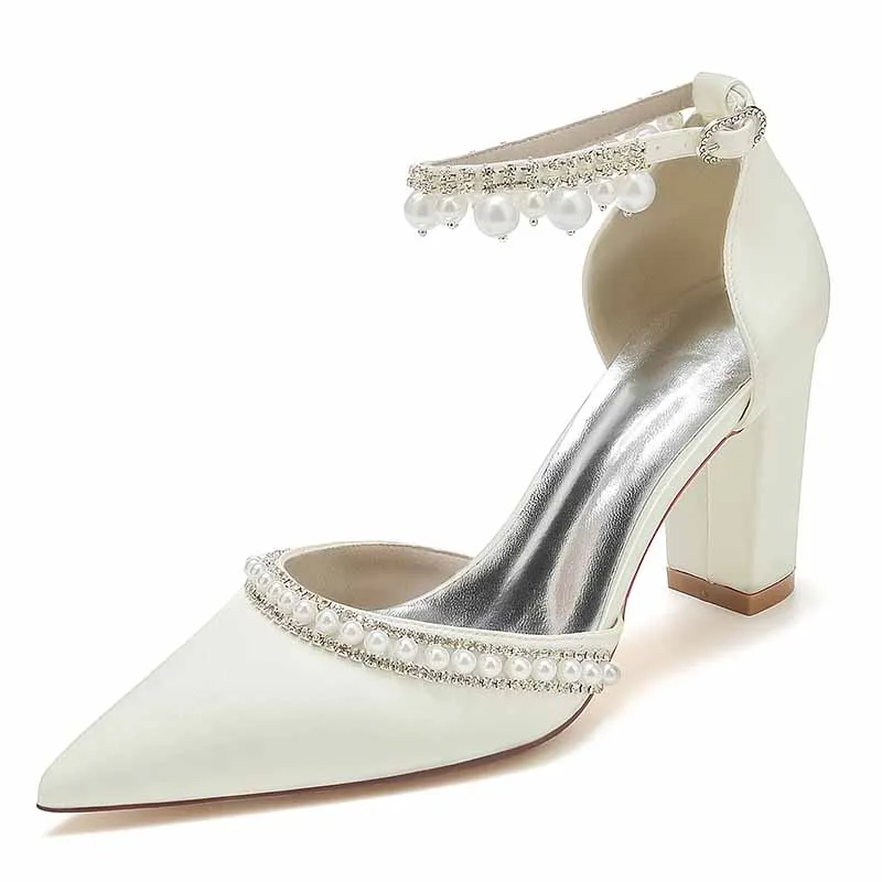 Women's High Block Heels Pumps Pointed Closed Toe Ankle Strap Dress Wedding Shoes