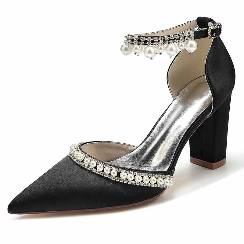 Women's High Block Heels Pumps Pointed Closed Toe Ankle Strap Dress Wedding Shoes