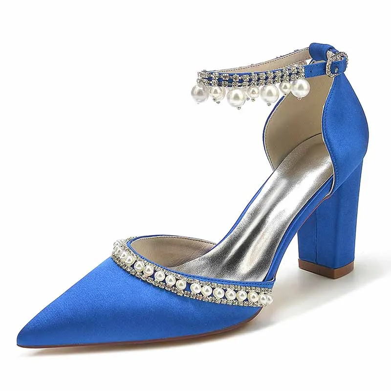 Women's High Block Heels Pumps Pointed Closed Toe Ankle Strap Dress Wedding Shoes
