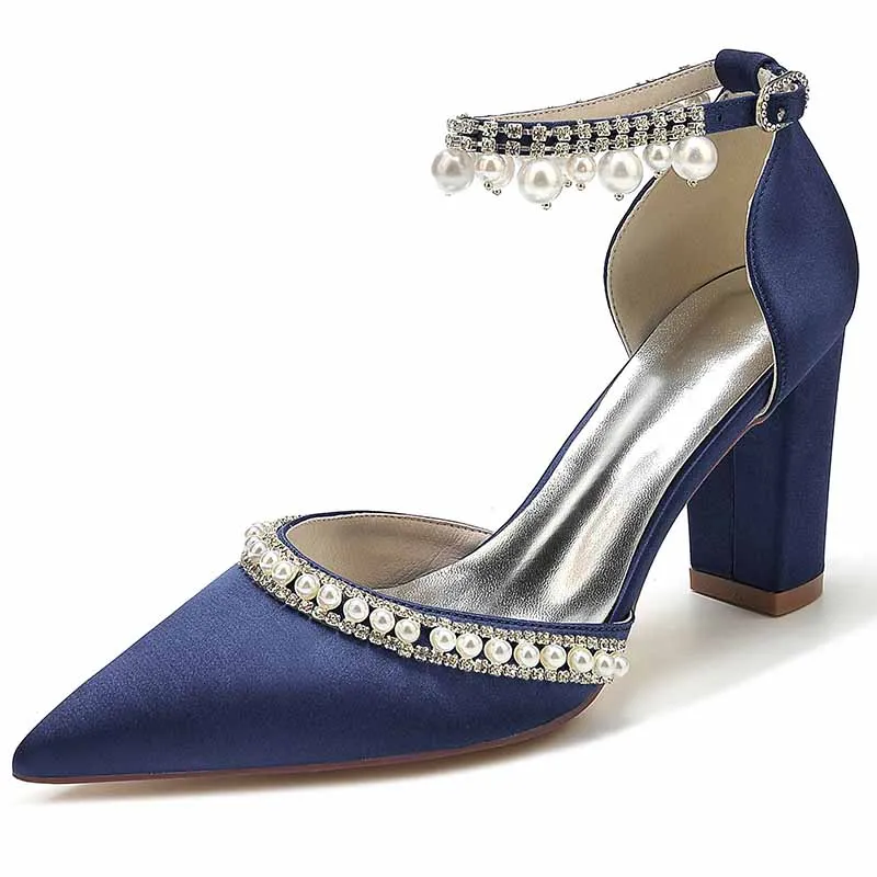Women's High Block Heels Pumps Pointed Closed Toe Ankle Strap Dress Wedding Shoes