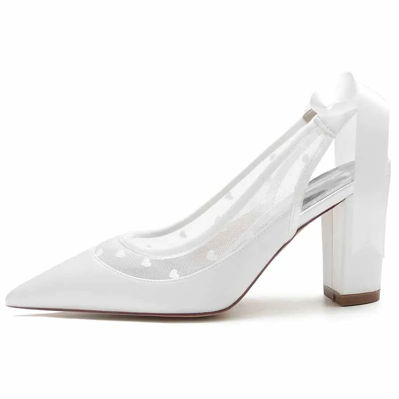 Women's High Block Heels Pumps Pointed Closed Toe Lace Up Dress Wedding Shoes