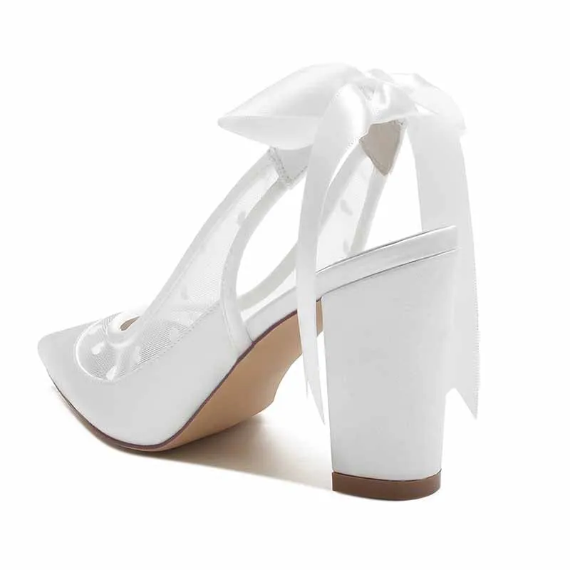 Women's High Block Heels Pumps Pointed Closed Toe Lace Up Dress Wedding Shoes