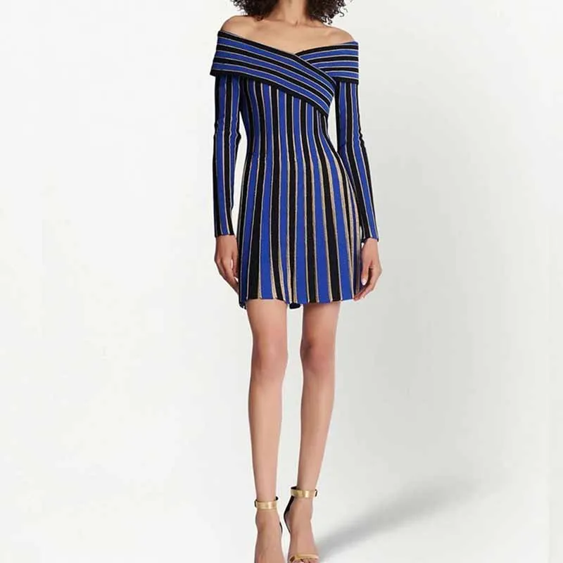 Women's long sleeve knit mini dress blue striped elegant dress