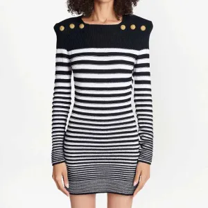 Women's long sleeve knitted minidress striped elegant dress
