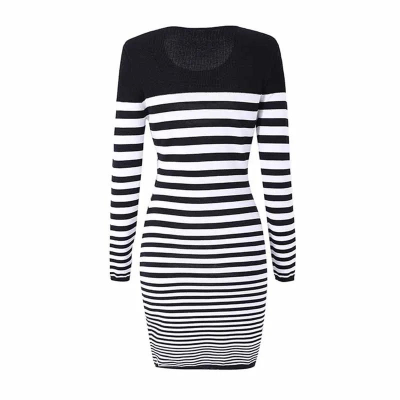 Women's long sleeve knitted minidress striped elegant dress