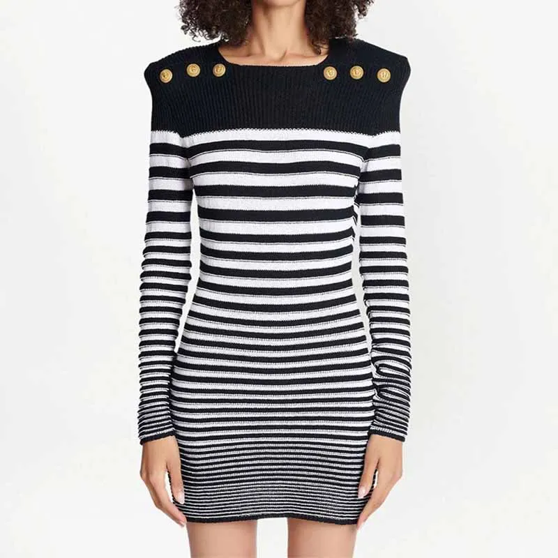 Women's long sleeve knitted minidress striped elegant dress