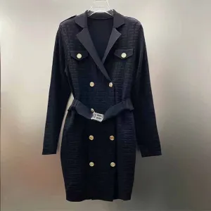 Women's long sleeve knitted minidress V-neck elegant dress with belt