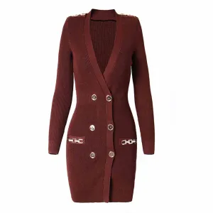 Women's long sleeve knitted minidress wine red V-neck elegant dress