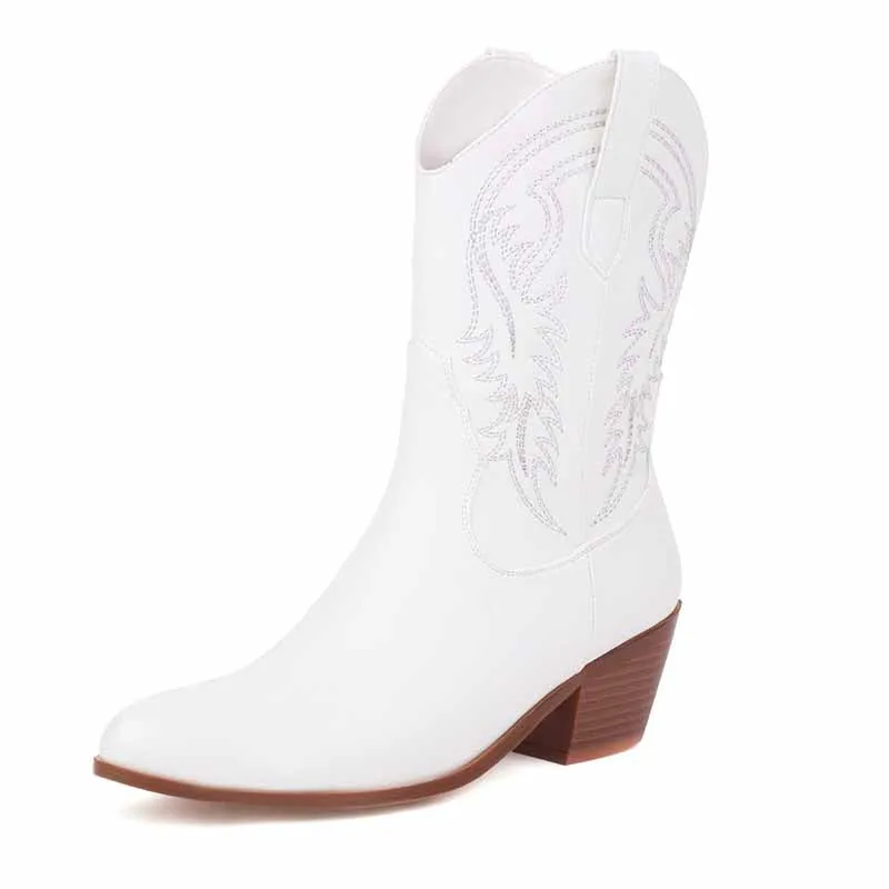 Women's Mid-Calf Western Cowboy Boots Chunky Heel Embroidered Cowgirl Boots