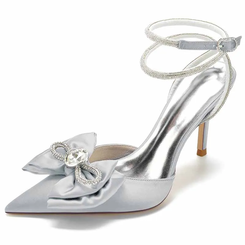 Women's Pointy Toe Satin Heeled Ankle Strap Rhinestone Bowknots Stilettos Wedding Shoes