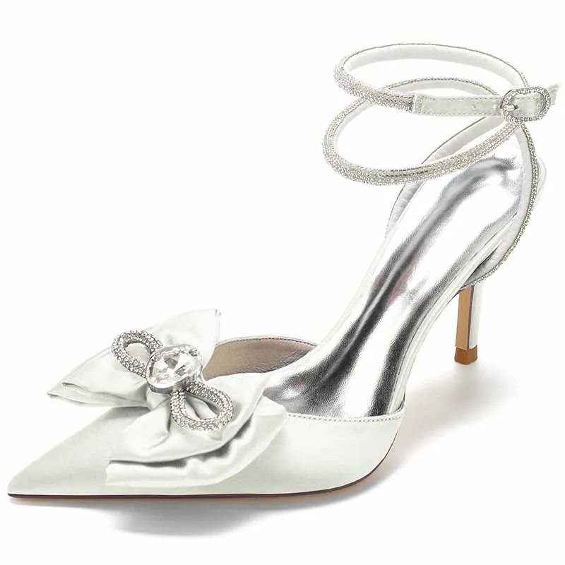Women's Pointy Toe Satin Heeled Ankle Strap Rhinestone Bowknots Stilettos Wedding Shoes