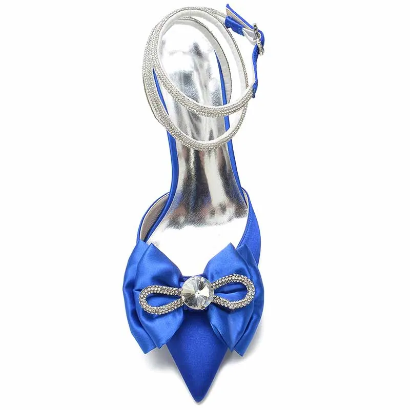 Women's Pointy Toe Satin Heeled Ankle Strap Rhinestone Bowknots Stilettos Wedding Shoes