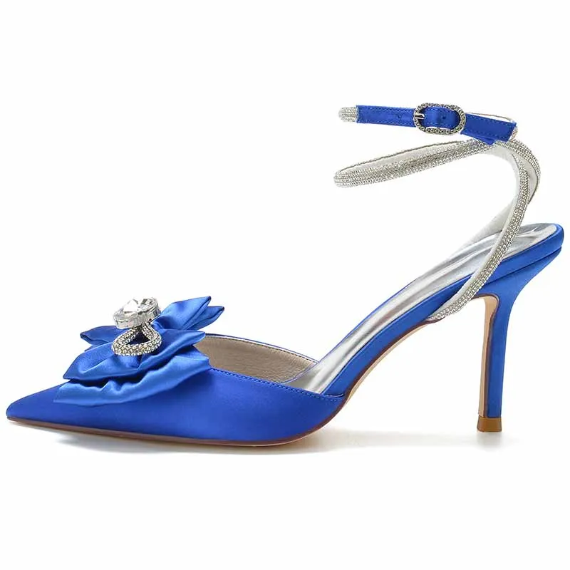 Women's Pointy Toe Satin Heeled Ankle Strap Rhinestone Bowknots Stilettos Wedding Shoes