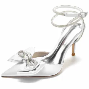 Women's Pointy Toe Satin Heeled Ankle Strap Rhinestone Bowknots Stilettos Wedding Shoes