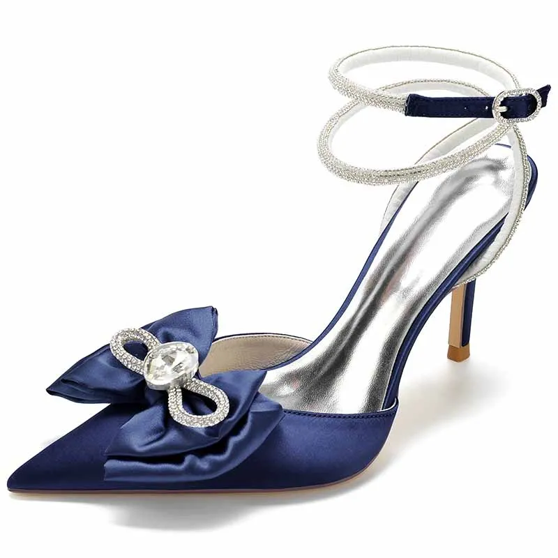 Women's Pointy Toe Satin Heeled Ankle Strap Rhinestone Bowknots Stilettos Wedding Shoes