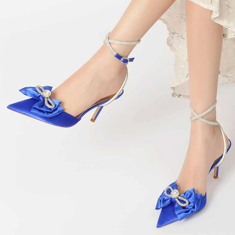Women's Pointy Toe Satin Heeled Ankle Strap Rhinestone Bowknots Stilettos Wedding Shoes