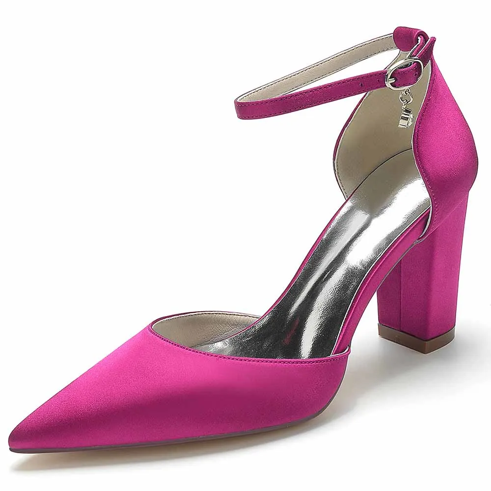 Women's Satin Closed Toe Chunky Heel High Heels