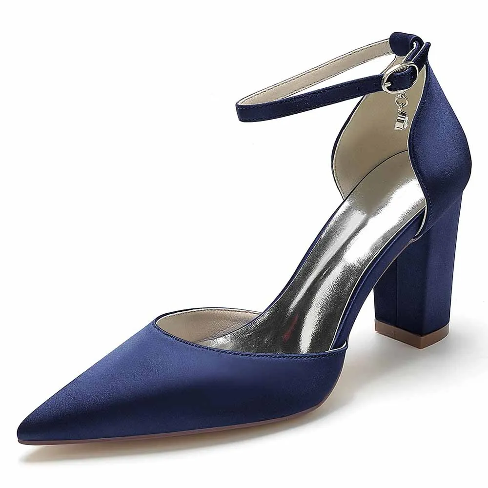 Women's Satin Closed Toe Chunky Heel High Heels