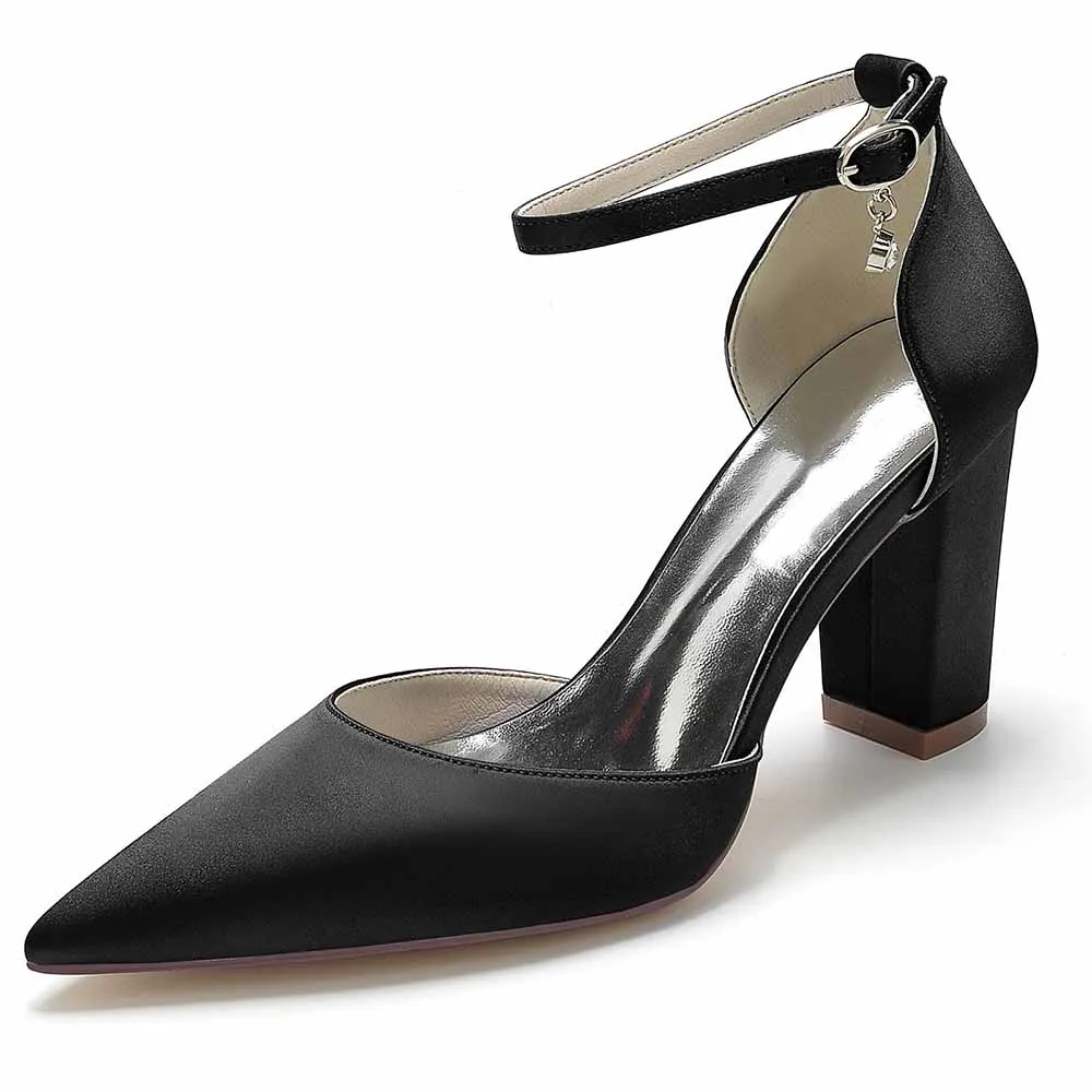Women's Satin Closed Toe Chunky Heel High Heels