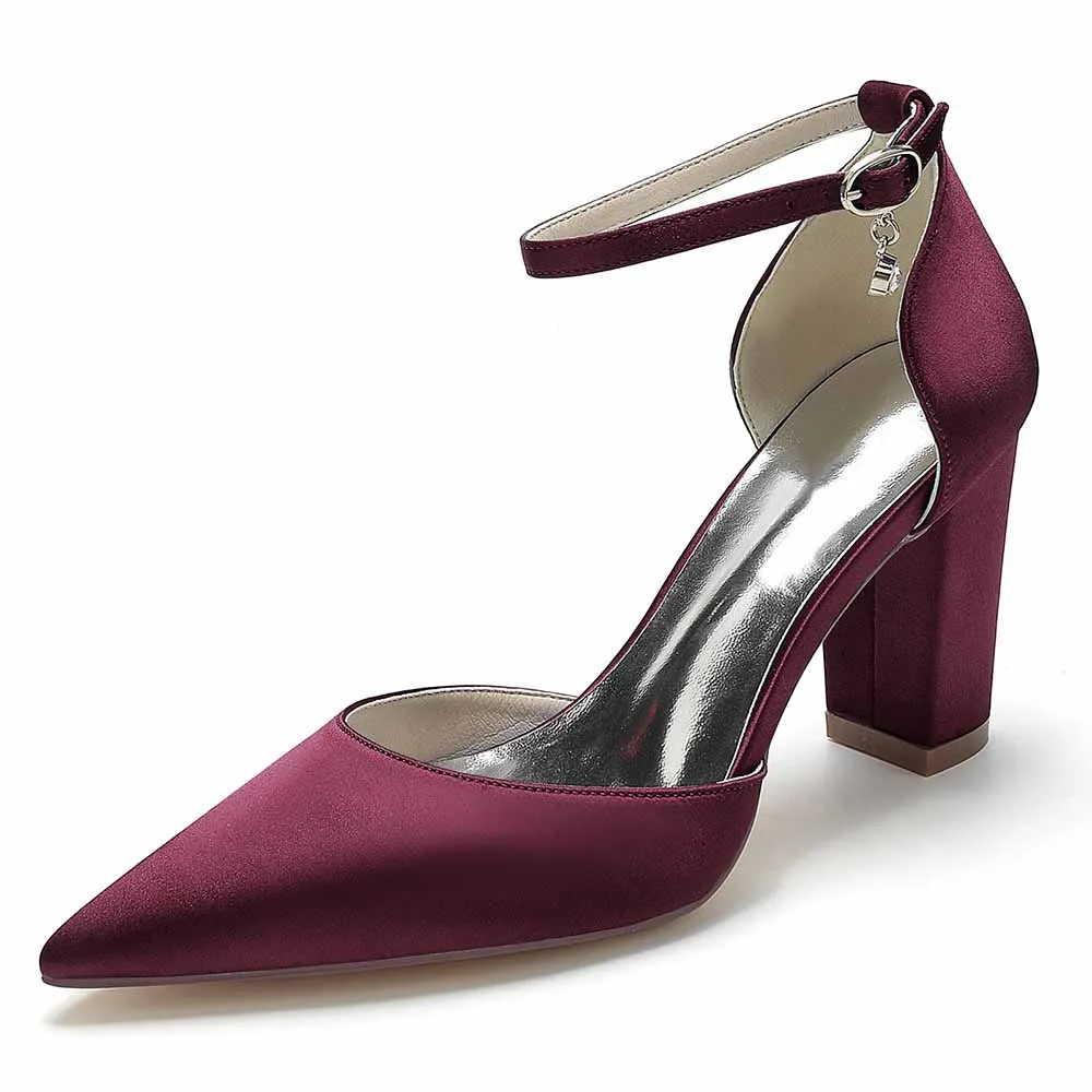 Women's Satin Closed Toe Chunky Heel High Heels
