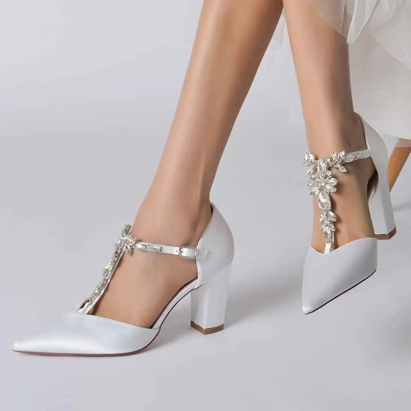 Women's Satin Closed Toe High Heel Ankle Strap Pumps With Beads Chunky Bridel Heels