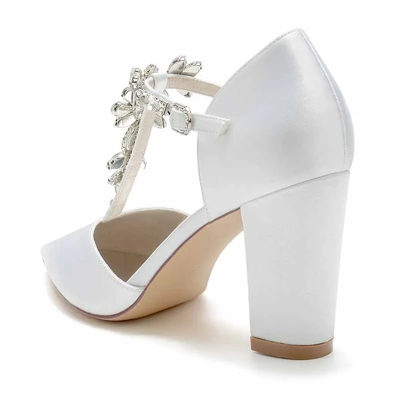 Women's Satin Closed Toe High Heel Ankle Strap Pumps With Beads Chunky Bridel Heels