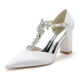 Women's Satin Closed Toe High Heel Ankle Strap Pumps With Beads Chunky Bridel Heels
