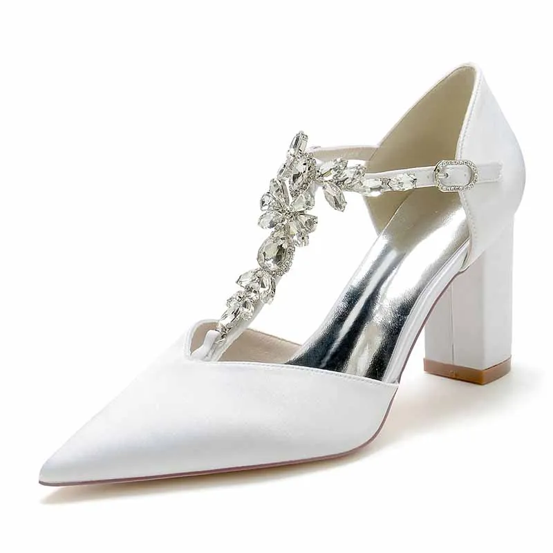 Women's Satin Closed Toe High Heel Ankle Strap Pumps With Beads Chunky Bridel Heels
