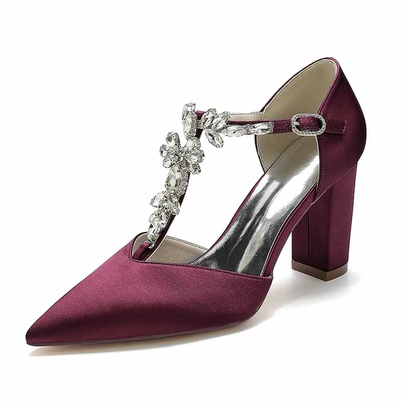 Women's Satin Closed Toe High Heel Ankle Strap Pumps With Beads Chunky Bridel Heels