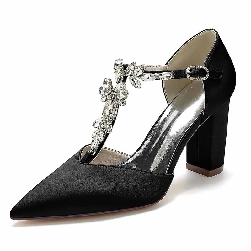 Women's Satin Closed Toe High Heel Ankle Strap Pumps With Beads Chunky Bridel Heels