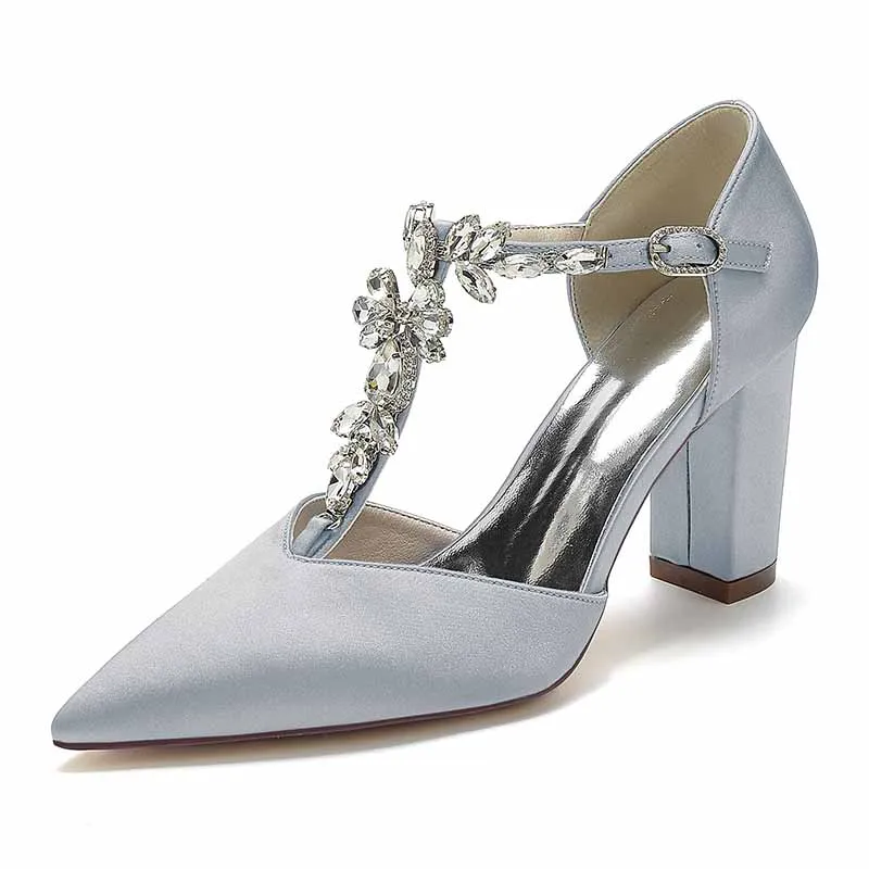 Women's Satin Closed Toe High Heel Ankle Strap Pumps With Beads Chunky Bridel Heels