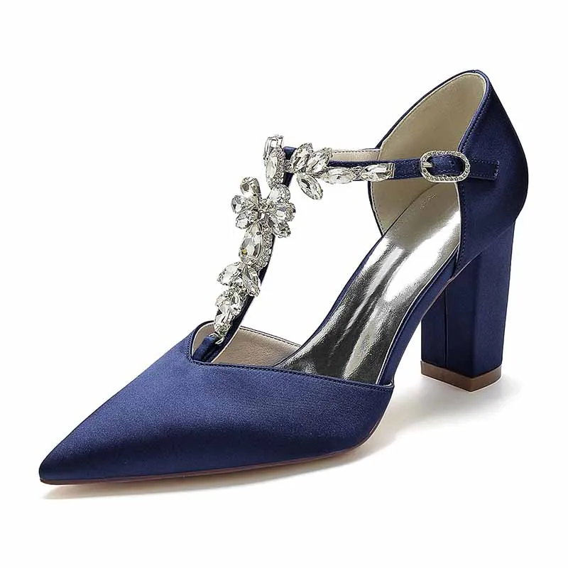 Women's Satin Closed Toe High Heel Ankle Strap Pumps With Beads Chunky Bridel Heels