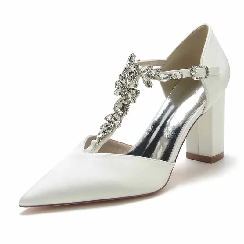 Women's Satin Closed Toe High Heel Ankle Strap Pumps With Beads Chunky Bridel Heels
