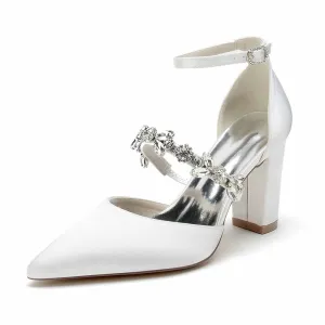 Women's Satin Closed Toe With Rhinestone Chunky Heel High Heels