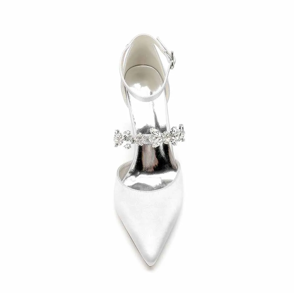Women's Satin Closed Toe With Rhinestone Chunky Heel High Heels