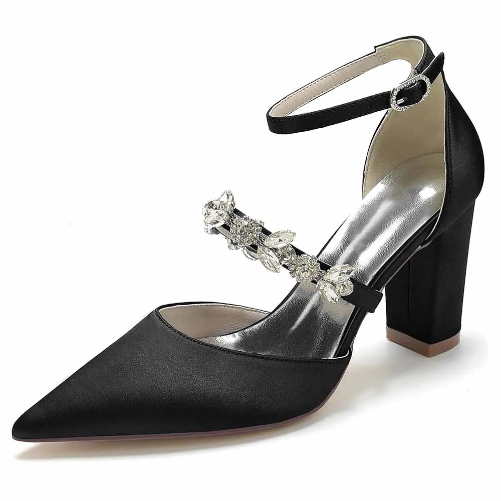 Women's Satin Closed Toe With Rhinestone Chunky Heel High Heels