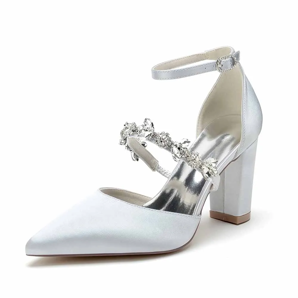 Women's Satin Closed Toe With Rhinestone Chunky Heel High Heels