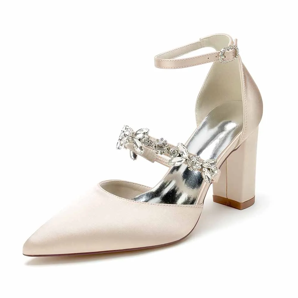 Women's Satin Closed Toe With Rhinestone Chunky Heel High Heels