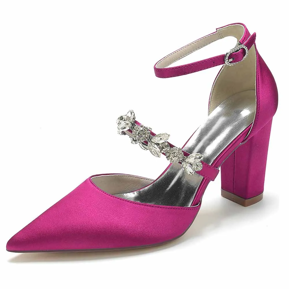 Women's Satin Closed Toe With Rhinestone Chunky Heel High Heels