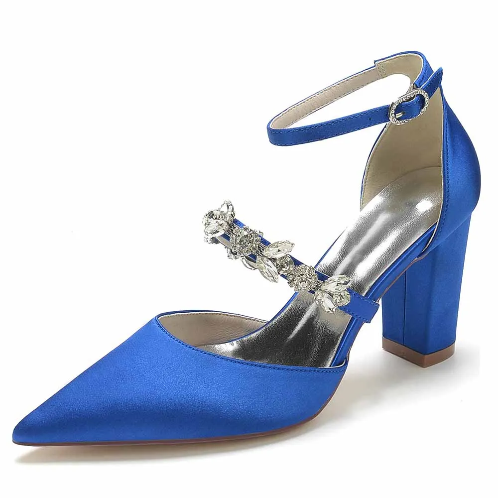Women's Satin Closed Toe With Rhinestone Chunky Heel High Heels