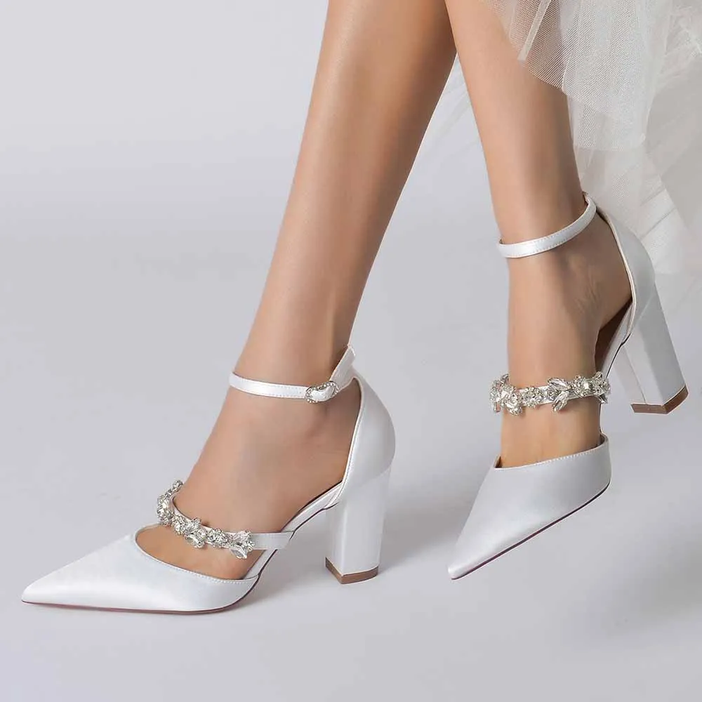 Women's Satin Closed Toe With Rhinestone Chunky Heel High Heels