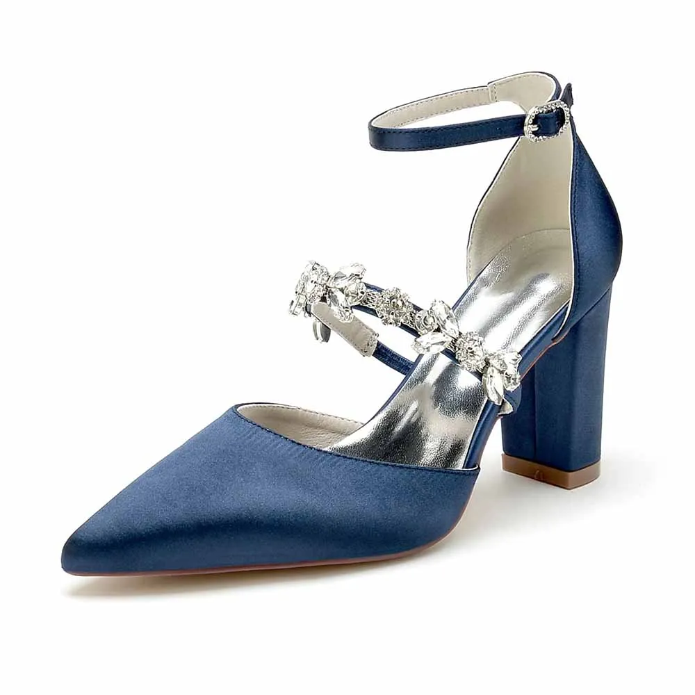 Women's Satin Closed Toe With Rhinestone Chunky Heel High Heels