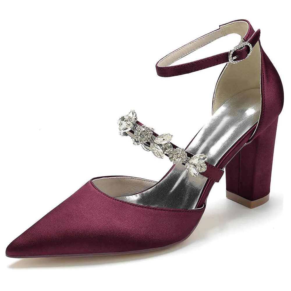 Women's Satin Closed Toe With Rhinestone Chunky Heel High Heels