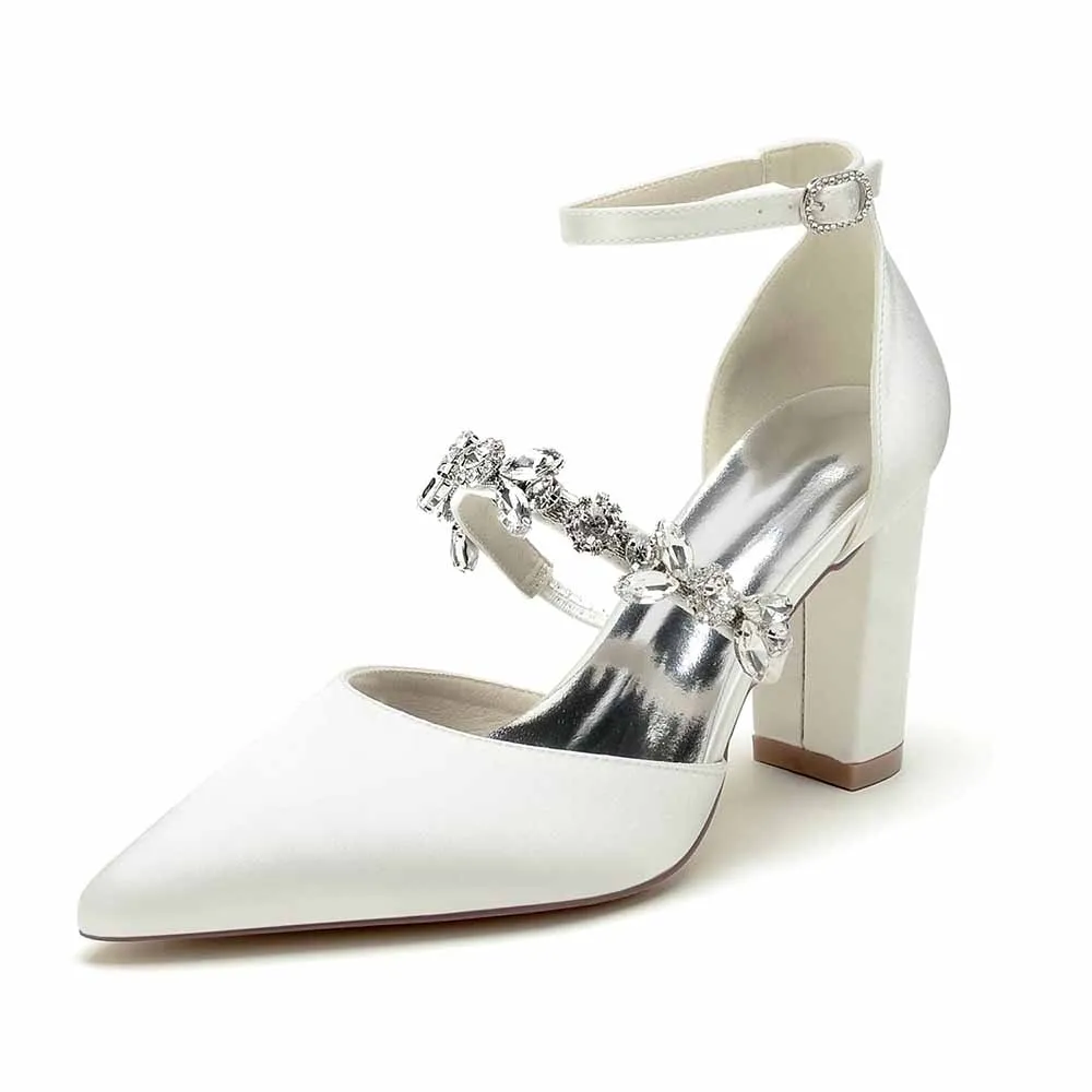 Women's Satin Closed Toe With Rhinestone Chunky Heel High Heels